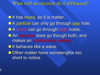 What will an electron do if diffracted? It has  mass , so it is matter. A  particle  can only go through  one  hole. A  wave  can go through  both  holes. An  electron  does go though both, and makes an  interference pattern . It behaves like a wave. Other matter have wavelengths too short to notice. 
