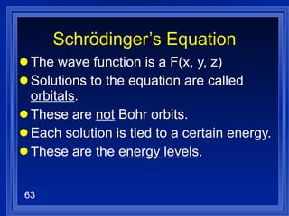 Schrödinger’s Equation The wave function is a F(x, y, z) Solutions to the equation are called  orbitals . These are  not  Bohr orbits. Each solution is tied to a certain energy. These are the  energy levels . 