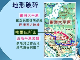 地形破碎        喀爾巴阡山 歐洲大平原 歐亞民族往來必經  東西方陸橋 歐洲大平原 山地平原交錯 多瑙河切穿山地 形成通谷與隘口               匈牙利平原 瓦拉幾亞平原 