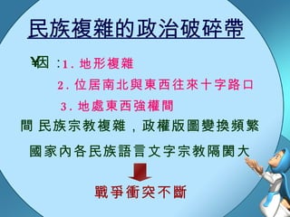 民族複雜的政治破碎帶 因： 1. 地形複雜 2. 位居南北與東西往來十字路口 3. 地處東西強權間  民族宗教複雜，政權版圖變換頻繁 國家內各民族語言文字宗教隔閡大 戰爭衝突不斷 
