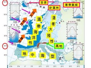 暖 流 北 大 溫 帶 海 洋 性 溫 帶 大 陸 性 西 洋 寒帶氣候 地 中 海 型 苔原 高地 針葉林 