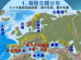 大小半島與海域相間：海中有海，灣中有灣 北極海 大西洋 地中海 黑海 裏海 烏拉山 高加索山 基阿連山 阿爾卑斯山 喀爾巴阡山 庇里牛斯山 伊比利半島 巴爾幹 半島 義大利 半島 北海 波羅的海 1. 海陸交錯分布 