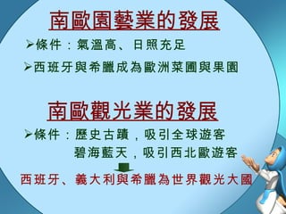 南歐園藝業的發展 條件：氣溫高、日照充足 西班牙與希臘成為歐洲菜圃與果園 南歐觀光業的發展 條件：歷史古蹟，吸引全球遊客 碧海藍天，吸引西北歐遊客 西班牙、義大利與希臘為世界觀光大國 