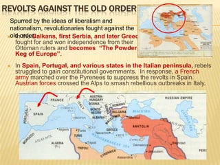 1Revolts Against the Old OrderSpurred by the ideas of liberalism and nationalism, revolutionaries fought against the old order.In the Balkans, first Serbia, and later Greece	fought for and won independence from their 	Ottoman rulers and becomes  “The Powder	Keg of Europe”.In Spain, Portugal, and various states in the Italian peninsula, rebels struggled to gain constitutional governments.  In response, a French army marched over the Pyrenees to suppress the revolts in Spain.  Austrian forces crossed the Alps to smash rebellious outbreaks in Italy. 