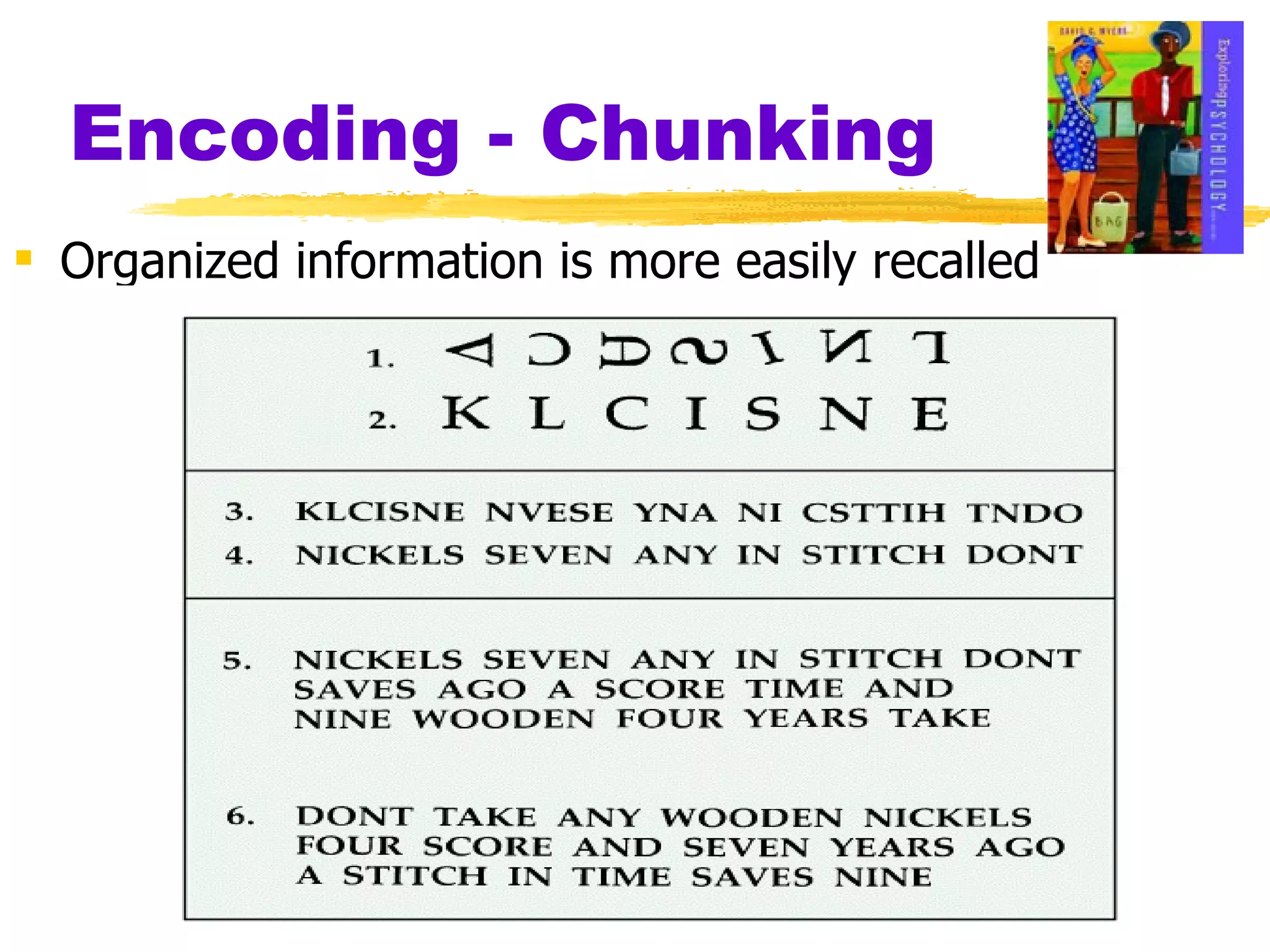 Encoding - Chunking Organized information is more easily recalled 