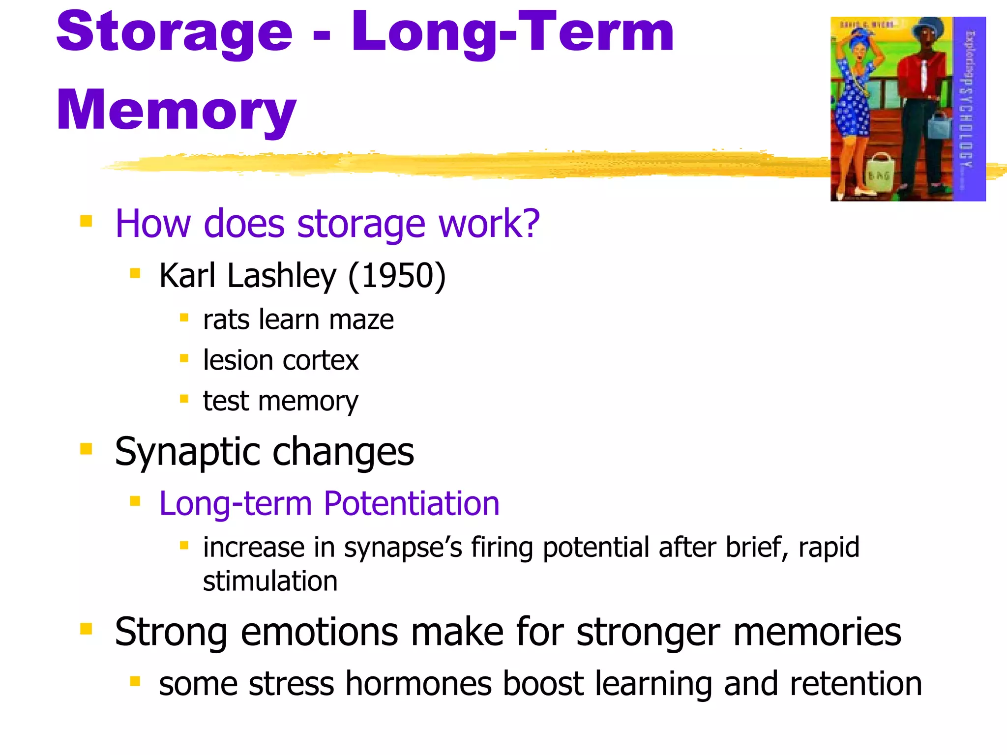 Storage - Long-Term Memory How does storage work? Karl Lashley (1950) rats learn maze lesion cortex  test memory Synaptic changes Long-term Potentiation increase in synapse’s firing potential after brief, rapid stimulation Strong emotions make for stronger memories some stress hormones boost learning and retention 
