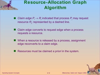 Resource-Allocation Graph Algorithm Claim edge   P i      R j  indicated that process  P j  may request resource  R j ; represented by a dashed line. Claim edge converts to request edge when a process requests a resource. When a resource is released by a process, assignment edge reconverts to a claim edge. Resources must be claimed  a priori  in the system. Operating System Concepts 