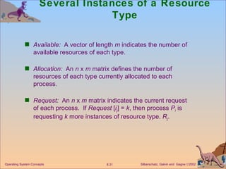 Several Instances of a Resource Type Available:   A vector of length  m  indicates the number of available resources of each type. Allocation:   An  n  x  m  matrix defines the number of resources of each type currently allocated to each process. Request:   An  n  x  m  matrix indicates the current request  of each process.  If  Request  [ i j ] =  k , then process  P i  is requesting  k  more instances of resource type.  R j . Operating System Concepts 