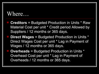 Where… Creditors  = Budgeted Production in Units * Raw Material Cost per unit * Credit period Allowed by Suppliers / 12 months or 365 days. Direct Wages  = Budgeted Production in Units * Direct Wages Cost per unit * Lag in Payment of Wages / 12 months or 365 days. Overheads  = Budgeted Production in Units * Overhead Cost per unit * Lag in Payment of Overheads / 12 months or 365 days. 