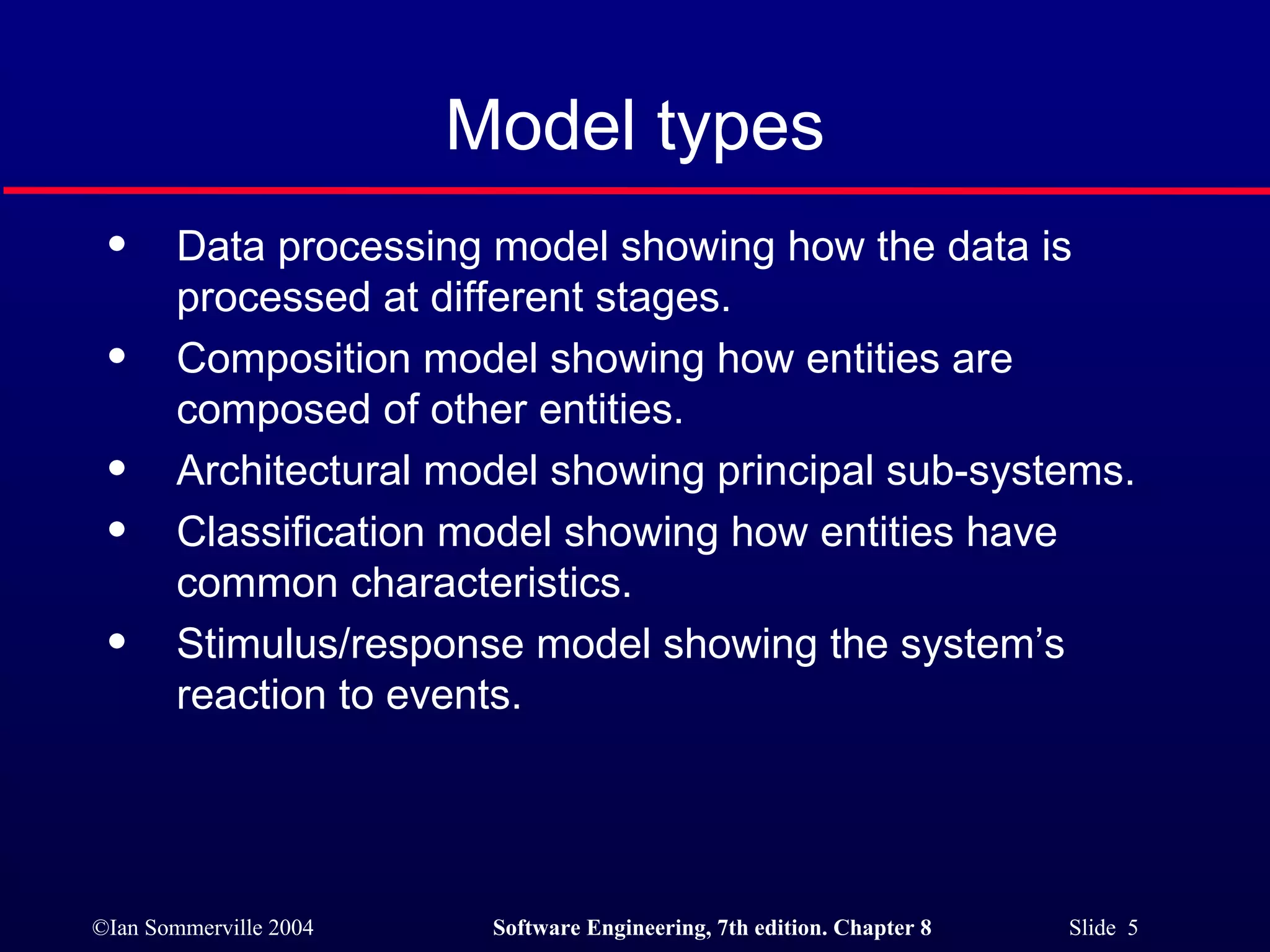Model types Data processing model showing how the data is processed at different stages. Composition model showing how entities are composed of other entities. Architectural model showing principal sub-systems. Classification model showing how entities have common characteristics. Stimulus/response model showing the system’s reaction to events. 
