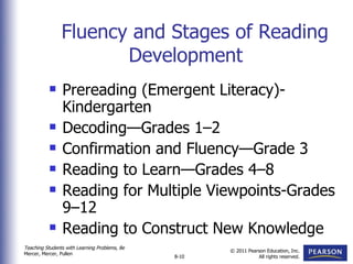 Fluency and Stages of Reading Development    Prereading (Emergent Literacy)-Kindergarten  Decoding—Grades 1–2  Confirmation and Fluency—Grade 3 Reading to Learn—Grades 4–8 Reading for Multiple Viewpoints-Grades 9–12 Reading to Construct New Knowledge     