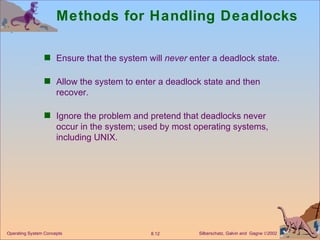 Methods for Handling Deadlocks Ensure that the system will  never  enter a deadlock state. Allow the system to enter a deadlock state and then recover. Ignore the problem and pretend that deadlocks never occur in the system; used by most operating systems, including UNIX. 