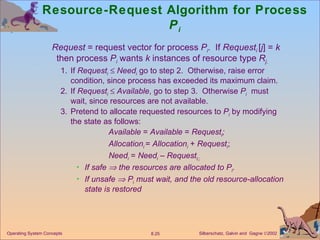 Resource-Request Algorithm for Process  P i Request  = request vector for process  P i .  If  Request i   [ j ] =  k  then process  P i  wants  k  instances of resource type  R j . 1. If  Request i      Need i   go to step 2.  Otherwise, raise error condition, since process has exceeded its maximum claim. 2. If  Request i      Available , go to step 3.  Otherwise  P i   must wait, since resources are not available. 3. Pretend to allocate requested resources to  P i  by modifying the state as follows: Available  =  Available  =  Request i ; Allocation i   =  Allocation i  +  Request i ; Need i   =  Need i  –  Request i;; If safe    the resources are allocated to P i .  If unsafe    P i  must wait, and the old resource-allocation state is restored 