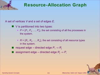Resource-Allocation Graph V is partitioned into two types: P  = { P 1 ,  P 2 , …,  P n }, the set consisting of all the processes in the system. R  = { R 1 ,  R 2 , …,  R m }, the set consisting of all resource types in the system. request edge – directed edge  P 1     R j assignment edge – directed edge  R j      P i A set of vertices  V  and a set of edges  E . 