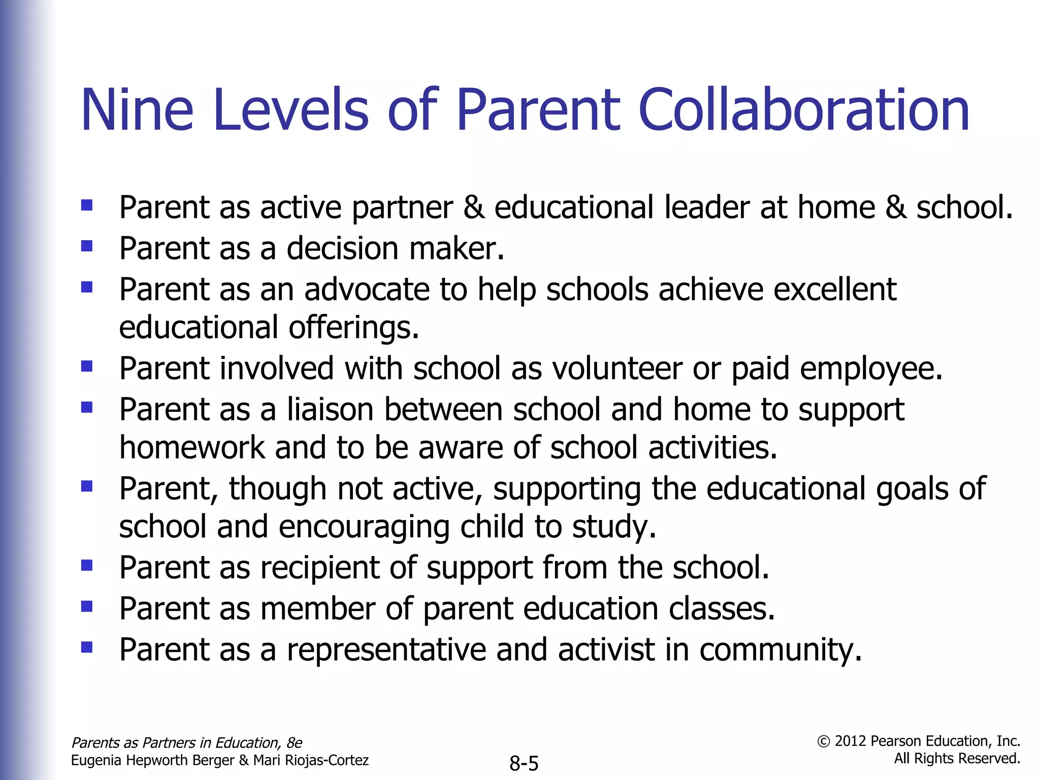Nine Levels of Parent Collaboration Parent as active partner & educational leader at home & school. Parent as a decision maker. Parent as an advocate to help schools achieve excellent educational offerings. Parent involved with school as volunteer or paid employee. Parent as a liaison between school and home to support homework and to be aware of school activities. Parent, though not active, supporting the educational goals of school and encouraging child to study. Parent as recipient of support from the school. Parent as member of parent education classes. Parent as a representative and activist in community. 