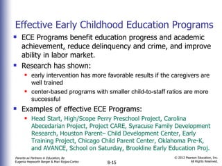 Effective Early Childhood Education Programs  ECE Programs benefit education progress and academic achievement, reduce delinquency and crime, and improve ability in labor market. Research has shown: early intervention has more favorable results if the caregivers are well trained center-based programs with smaller child-to-staff ratios are more successful Examples of effective ECE Programs: Head Start, High/Scope Perry Preschool Project, Carolina Abecedarian Project, Project CARE, Syracuse Family Development Research, Houston Parent– Child Development Center, Early Training Project, Chicago Child Parent Center, Oklahoma Pre-K, and AVANCE, School on Saturday, Brookline Early Education Proj.  
