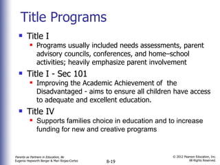 Title Programs Title I Programs usually included needs assessments, parent advisory councils, conferences, and home–school activities; heavily emphasize parent involvement Title I - Sec 101 Improving the Academic Achievement of  the Disadvantaged - aims to ensure all children have access to adequate and excellent education. Title IV Supports families choice in education and to increase funding for new and creative programs 
