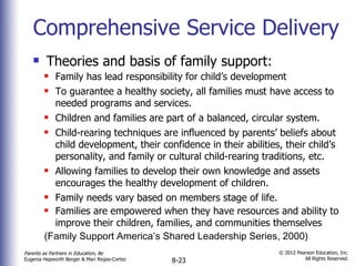 Comprehensive Service Delivery Theories and basis of family support: Family has lead responsibility for child’s development To guarantee a healthy society, all families must have access to needed programs and services. Children and families are part of a balanced, circular system. Child-rearing techniques are influenced by parents’ beliefs about child development, their confidence in their abilities, their child’s personality, and family or cultural child-rearing traditions, etc. Allowing families to develop their own knowledge and assets encourages the healthy development of children. Family needs vary based on members stage of life. Families are empowered when they have resources and ability to improve their children, families, and communities themselves (Family Support America’s Shared Leadership Series, 2000) 