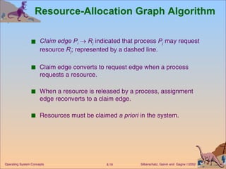 Resource-Allocation Graph Algorithm Claim edge   P i      R j  indicated that process  P j  may request resource  R j ; represented by a dashed line. Claim edge converts to request edge when a process requests a resource. When a resource is released by a process, assignment edge reconverts to a claim edge. Resources must be claimed  a priori  in the system. 