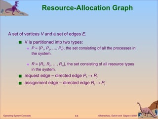 Resource-Allocation Graph V is partitioned into two types: P  = { P 1 ,  P 2 , …,  P n }, the set consisting of all the processes in the system. R  = { R 1 ,  R 2 , …,  R m }, the set consisting of all resource types in the system. request edge – directed edge  P 1     R j assignment edge – directed edge  R j      P i A set of vertices  V  and a set of edges  E . 