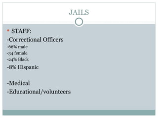 JAILS STAFF: -Correctional Officers  -66% male -34 female -24% Black  - 8% Hispanic -Medical  -Educational/volunteers 
