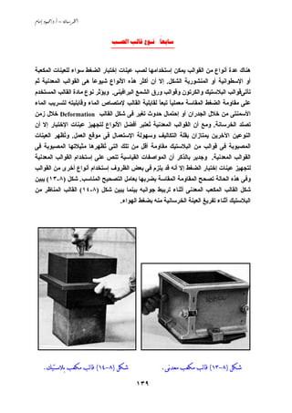 ‫‪ /. – ‬‬


                              ‫‪   :‬‬
                              ‫________________‬


‫هﻨﺎك ﻋﺪة أﻧﻮاع ﻣﻦ اﻟﻘﻮاﻟﺐ ﻱﻤﻜﻦ إﺳﺘﺨﺪاﻣﻬﺎ ﻟﺼﺐ ﻋﻴﻨﺎت إﺧﺘﺒﺎر اﻟﻀﻐﻂ ﺳﻮاء ﻟﻠﻌﻴﻨﺎت اﻟﻤﻜﻌﺒﺔ‬
‫أو اﻹﺳﻄﻮاﻧﻴﺔ أو اﻟﻤﻨﺸﻮرﻱﺔ اﻟﺸﻜﻞ. إﻻ أن أآﺜﺮ هﺬﻩ اﻷﻧﻮاع ﺵﻴﻮﻋﺎ هﻰ اﻟﻘﻮاﻟﺐ اﻟﻤﻌﺪﻧﻴﺔ ﺙﻢ‬
                       ‫ً‬
‫ﺗﺄﺗﻰﻗﻮاﻟﺐ اﻟﺒﻼﺳﺘﻴﻚ واﻟﻜﺮﺗﻮن وﻗﻮاﻟﺐ ورق اﻟﺸﻤﻊ اﻟﺒﺮاﻓﻴﻨﻰ. وﻱﺆﺙﺮ ﻧﻮع ﻣﺎدة اﻟﻘﺎﻟﺐ اﻟﻤﺴﺘﺨﺪم‬
‫ﻋﻠﻰ ﻣﻘﺎوﻣﺔ اﻟﻀﻐﻂ اﻟﻤﻘﺎﺳﺔ ﻣﻌﻤﻠﻴﺎ ﺗﺒﻌﺎ ﻟﻘﺎﺏﻠﻴﺔ اﻟﻘﺎﻟﺐ ﻹﻣﺘﺼﺎص اﻟﻤﺎء وﻗﺎﺏﻠﻴﺘﻪ ﻟﺘﺴﺮﻱﺐ اﻟﻤﺎء‬
                                                  ‫ً ً‬
‫اﻷﺳﻤﻨﺘﻰ ﻣﻦ ﺧﻼل اﻟﺠﺪران أو إﺣﺘﻤﺎل ﺣﺪوث ﺗﻐﻴﺮ ﻓﻰ ﺵﻜﻞ اﻟﻘﺎﻟﺐ ‪ Deformation‬ﺧﻼل زﻣﻦ‬
‫ﺗﺼﻠﺪ اﻟﺨﺮﺳﺎﻧﺔ. وﻣﻊ أن اﻟﻘﻮاﻟﺐ اﻟﻤﻌﺪﻧﻴﺔ ُﻌﺘﺒﺮ أﻓﻀﻞ اﻷﻧﻮاع ﻟﺘﺠﻬﻴﺰ ﻋﻴﻨﺎت اﻹﺧﺘﺒﺎر إﻻ أن‬
                                           ‫ﺗ‬
‫اﻟﻨﻮﻋﻴﻦ اﻵﺧﺮﻱﻦ ﻱﻤﺘﺎزان ﺏﻘﻠﺔ اﻟﺘﻜﺎﻟﻴﻒ وﺳﻬﻮﻟﺔ اﻹﺳﺘﻌﻤﺎل ﻓﻰ ﻣﻮﻗﻊ اﻟﻌﻤﻞ. و ُﻈﻬﺮ اﻟﻌﻴﻨﺎت‬
           ‫ﺗ‬
‫اﻟﻤﺼﺒﻮﺏﺔ ﻓﻰ ﻗﻮاﻟﺐ ﻣﻦ اﻟﺒﻼﺳﺘﻴﻚ ﻣﻘﺎوﻣﺔ أﻗﻞ ﻣﻦ ﺗﻠﻚ اﻟﺘﻰ ُﻈﻬﺮهﺎ ﻣﺜﻴﻼﺗﻬﺎ اﻟﻤﺼﺒﻮﺏﺔ ﻓﻰ‬
                         ‫ﺗ‬
‫اﻟﻘﻮاﻟﺐ اﻟﻤﻌﺪﻧﻴﺔ. وﺟﺪﻱﺮ ﺏﺎﻟﺬآﺮ أن اﻟﻤﻮاﺹﻔﺎت اﻟﻘﻴﺎﺳﻴﺔ ﺗﻨﺺ ﻋﻠﻰ إﺳﺘﺨﺪام اﻟﻘﻮاﻟﺐ اﻟﻤﻌﺪﻧﻴﺔ‬
‫ﻟﺘﺠﻬﻴﺰ ﻋﻴﻨﺎت إﺧﺘﺒﺎر اﻟﻀﻐﻂ إﻻ أﻧﻪ ﻗﺪ ﻱﻠﺰم ﻓﻰ ﺏﻌﺾ اﻟﻈﺮوف إﺳﺘﺨﺪام أﻧﻮاع أﺧﺮى ﻣﻦ اﻟﻘﻮاﻟﺐ‬
‫وﻓﻰ هﺬﻩ اﻟﺤﺎﻟﺔ ﺗﺼﺤﺢ اﻟﻤﻘﺎوﻣﺔ اﻟﻤﻘﺎﺳﺔ ﺏﻀﺮﺏﻬﺎ ﺏﻌﺎﻣﻞ اﻟﺘﺼﺤﻴﺢ اﻟﻤﻨﺎﺳﺐ. ﺵﻜﻞ )٨-٣١( ﻱﺒﻴﻦ‬
‫ﺵﻜﻞ اﻟﻘﺎﻟﺐ اﻟﻤﻜﻌﺐ اﻟﻤﻌﺪﻧﻰ أﺙﻨﺎء ﺗﺮﺏﻴﻂ ﺟﻮاﻧﺒﻪ ﺏﻴﻨﻤﺎ ﻱﺒﻴﻦ ﺵﻜﻞ )٨-٤١( اﻟﻘﺎﻟﺐ اﻟﻤﻨﺎﻇﺮ ﻣﻦ‬
                                  ‫اﻟﺒﻼﺳﺘﻴﻚ أﺙﻨﺎء ﺗﻔﺮﻱﻎ اﻟﻌﻴﻨﺔ اﻟﺨﺮﺳﺎﻧﻴﺔ ﻣﻨﻪ ﺏﻀﻐﻂ اﻟﻬﻮاء.‬




    ‫ﺷﻜﻞ )٨-٤١( ﻗﺎﻟﺐ ﻣﻜﻌﺐ ﺑﻼﺳﺘﻴﻚ.‬                  ‫ﺷﻜﻞ )٨-٣١( ﻗﺎﻟﺐ ﻣﻜﻌﺐ ﻣﻌﺪنﻰ.‬

                                        ‫٩٣١‬
 