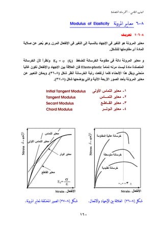 ‫‪  -  ‬‬



                                                       ‫ﻣﻌـﺎﻳـﺮ ﺍﳌﺮﻭنﺔ ‪___________Elasticity‬‬
                                                       ‫__________________ ‪Modulus of‬‬                                     ‫٨-٦‬
                                                                                                             ‫8-6-1 ‪‬‬

       ‫ﻣﻌﺎﻱﺮ اﻟﻤﺮوﻧﺔ هﻮ اﻟﺘﻐﻴﺮ ﻓﻰ اﻹﺟﻬﺎد ﺏﺎﻟﻨﺴﺒﺔ إﻟﻰ اﻟﺘﻐﻴﺮ ﻓﻰ اﻹﻧﻔﻌﺎل اﻟﻤﺮن. وهﻮ ُﻌﺒﺮ ﻋﻦ ﺹﻼﺏﺔ‬
                  ‫ﻱ‬
                                                                                                ‫اﻟﻤﺎدة أى ﻣﻘﺎوﻣﺘﻬﺎ ﻟﻠﺘﺸﻜﻞ.‬

       ‫و ﻣﻌﺎﻱﺮ اﻟﻤﺮوﻧﺔ داﻟﺔ ﻓﻰ ﻣﻘﺎوﻣﺔ اﻟﺨﺮﺳﺎﻧﺔ ﻟﻠﻀﻐﻂ )‪ Ec = ϕ (fc‬وﻧﻈﺮا ﻷن اﻟﺨﺮﺳﺎﻧﺔ‬
                   ‫ً‬
       ‫اﻟﻤﺘﺼﻠﺪة ﻣﺎدة ﻟﻴﺴﺖ ﻣﺮﻧﻪ ﺗﻤﺎﻣﺎ ‪ Elasto-plastic‬ﻓﺈن اﻟﻌﻼﻗﺔ ﺏﻴﻦ اﻹﺟﻬﺎد واﻹﻧﻔﻌﺎل ﺗﻜﻮن ﻏﺎﻟﺒﺎ‬
       ‫ً‬                                                        ‫ً‬
       ‫ﻣﻨﺤﻨﻰ وﻱﻘﻞ هﺬا اﻹﻧﺤﻨﺎء آﻠﻤﺎ أرﺗﻔﻌﺖ رﺗﺒﺔ اﻟﺨﺮﺳﺎﻧﺔ أﻧﻈﺮ ﺵﻜﻞ )٨-٦٣(. وﻱﻤﻜﻦ اﻟﺘﻌﺒﻴﺮ ﻋﻦ‬
                                       ‫ﻣﻌﺎﻱﺮ اﻟﻤﺮوﻧﺔ ﺏﺄﺣﺪ اﻟﺼﻮر اﻷرﺏﻌﺔ اﻵﺗﻴﺔ واﻟﺘﻰ ﻱﻮﺽﺤﻬﺎ ﺵﻜﻞ )٨-٧٣(.‬

                                ‫‪Initial Tangent Modulus‬‬                         ‫ﻣﻌﺎﻱﺮ اﻟﺘﻤﺎس اﻷوﻟﻰ‬            ‫١-‬
                                ‫‪Tangent Modulus‬‬                                     ‫ﻣﻌﺎﻱﺮ اﻟﺘﻤـــﺎس‬           ‫٢-‬
                                ‫‪Secant Modulus‬‬                                       ‫ﻣﻌﺎﻱﺮ اﻟﻘــﺎﻃـﻊ‬          ‫٣-‬
                                ‫‪Chord Modulus‬‬                                        ‫ﻣﻌﺎﻱﺮ اﻟـﻮﺗـــﺮ‬          ‫٤-‬




                               ‫ﻣﻌﺎﻱﺮ اﻟﺘﻤﺎس‬
‫اﻹﺠﻬـﺎد ‪Stress‬‬




                                                                    ‫اﻹﺠﻬـﺎد ‪Stress‬‬




                                                                                     ‫ﺧﺮﺳﺎﻧﺔ ﻋﺎﻟﻴﺔ اﻟﻤﻘﺎوﻣﺔ‬
                 ‫ﻣﻌﺎﻱﺮ اﻟﺘﻤﺎس اﻷوﻟﻰ‬


                                              ‫ﻣﻌﺎﻱﺮ اﻟﻮﺗﺮ‬                                 ‫ﺧﺮﺳﺎﻧﺔ ﻣﺘﻮﺳﻄﺔ‬



                                                                                         ‫ﺧﺮﺳﺎﻧﺔ ﺗﻘﻠﻴﺪﻱﺔ‬
                            ‫ﻣﻌﺎﻱﺮ اﻟﻘﺎﻃﻊ‬

                                            ‫___ =‪Ec‬‬
                                                   ‫‪σ‬‬
                                                   ‫‪ε‬‬                                                      ‫± ٣٠٠٫٠‬
                                           ‫اﻻﻧﻔﻌﺎل - ‪Strain‬‬                                                  ‫اﻻﻧﻔﻌﺎل - ‪Strain‬‬

           ‫ﺷﻜﻞ )٨-٧٣( ﺍﻟﺼﻮﺭ ﺍﳌﺨﺘﻠﻔﺔ ﳌﻌﺎﻳﺮ ﺍﳌﺮﻭنﺔ.‬                   ‫ﺷﻜﻞ )٨-٦٣( ﺍﻟﻌﻼﻗﺔ ﺑﲔ ﺍﻹﺟﻬﺎﺩ ﻭﺍﻻنﻔﻌﺎﻝ.‬


                                                              ‫٠٦١‬
 