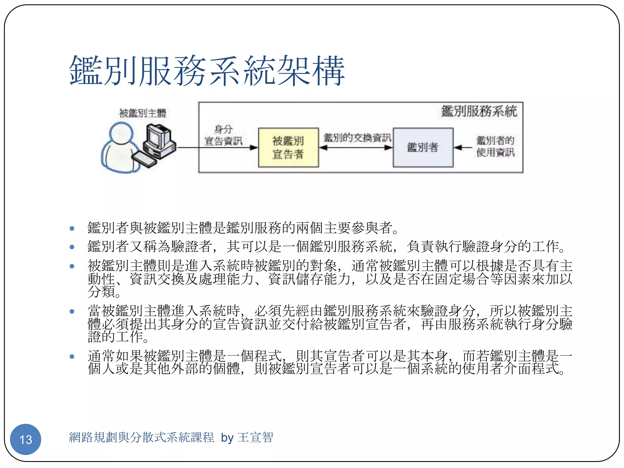 鑑別服務系統架構



        鑑別者與被鑑別主體是鑑別服務的兩個主要參與者。
        鑑別者又稱為驗證者，其可以是一個鑑別服務系統，負責執行驗證身分的工作。
        被鑑別主體則是進入系統時被鑑別的對象，通常被鑑別主體可以根據是否具有主
         動性、資訊交換及處理能力、資訊儲存能力，以及是否在固定場合等因素來加以
         分類。
        當被鑑別主體進入系統時，必須先經由鑑別服務系統來驗證身分，所以被鑑別主
         體必須提出其身分的宣告資訊並交付給被鑑別宣告者，再由服務系統執行身分驗
         證的工作。
        通常如果被鑑別主體是一個程式，則其宣告者可以是其本身，而若鑑別主體是一
         個人或是其他外部的個體，則被鑑別宣告者可以是一個系統的使用者介面程式。




13   網路規劃與分散式系統課程 by 王宣智
 