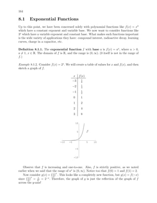 164

8.1     Exponential Functions
Up to this point, we have been concerned solely with polynomial functions like f (x) = x3
which have a constant exponent and variable base. We now want to consider functions like
3x which have a variable exponent and constant base. What makes such functions important
is the wide variety of applications they have: compound interest, radioactive decay, learning
curves, charge in a capacitor, etc.

Deﬁnition 8.1.1. The exponential function f with base a is f (x) = ax , where a > 0,
a = 1, x ∈ R. The domain of f is R, and the range is (0, ∞). (0 itself is not in the range of
f .)

Example 8.1.2. Consider f (x) = 2x . We will create a table of values for x and f (x), and then
sketch a graph of f.

                                             x        f (x)
                                                        1
                                             −3         8
                                                        1
                                             −2         4
                                                        1
                                             −1         2

                                             0         1
                                             1         2
                                             2         4
                                             3         8

                                                 10


                                                               x
                                                  5           2



                                 -10    -5                    5    10

                                                 -5


                                             -10



    Observe that f is increasing and one-to-one. Also, f is strictly positive, as we noted
earlier when we said that the range of ax is (0, ∞). Notice too that f (0) = 1 and f (1) = 2.
                            x
    Now consider g(x) = 1 . This looks like a completely new function, but g(x) = f (−x)
                          2
          x
since 1 = 21 = 2−x . Therefore, the graph of g is just the reﬂection of the graph of f
        2      x

across the y-axis!
 