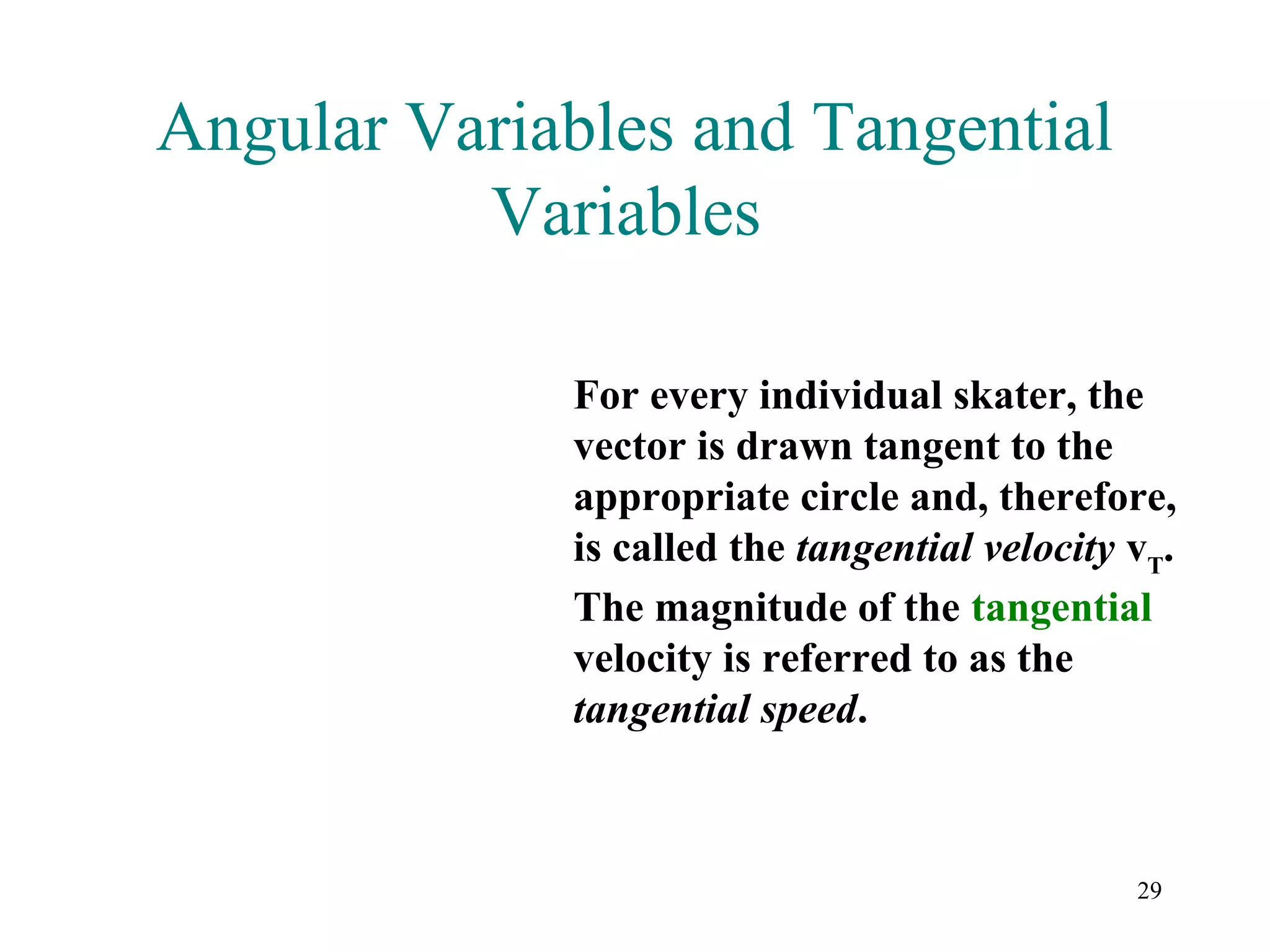 Angular Variables and Tangential
          Variables

             For every individual skater, the
             vector is drawn tangent to the
             appropriate circle and, therefore,
             is called the tangential velocity vT.
             The magnitude of the tangential
             velocity is referred to as the
             tangential speed.



                                               29
 