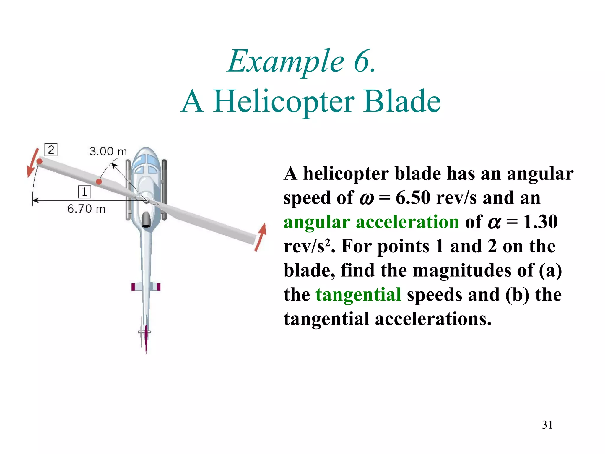 Example 6.
A Helicopter Blade

       A helicopter blade has an angular
       speed of ω = 6.50 rev/s and an
       angular acceleration of α = 1.30
       rev/s2. For points 1 and 2 on the
       blade, find the magnitudes of (a)
       the tangential speeds and (b) the
       tangential accelerations.




                                    31
 