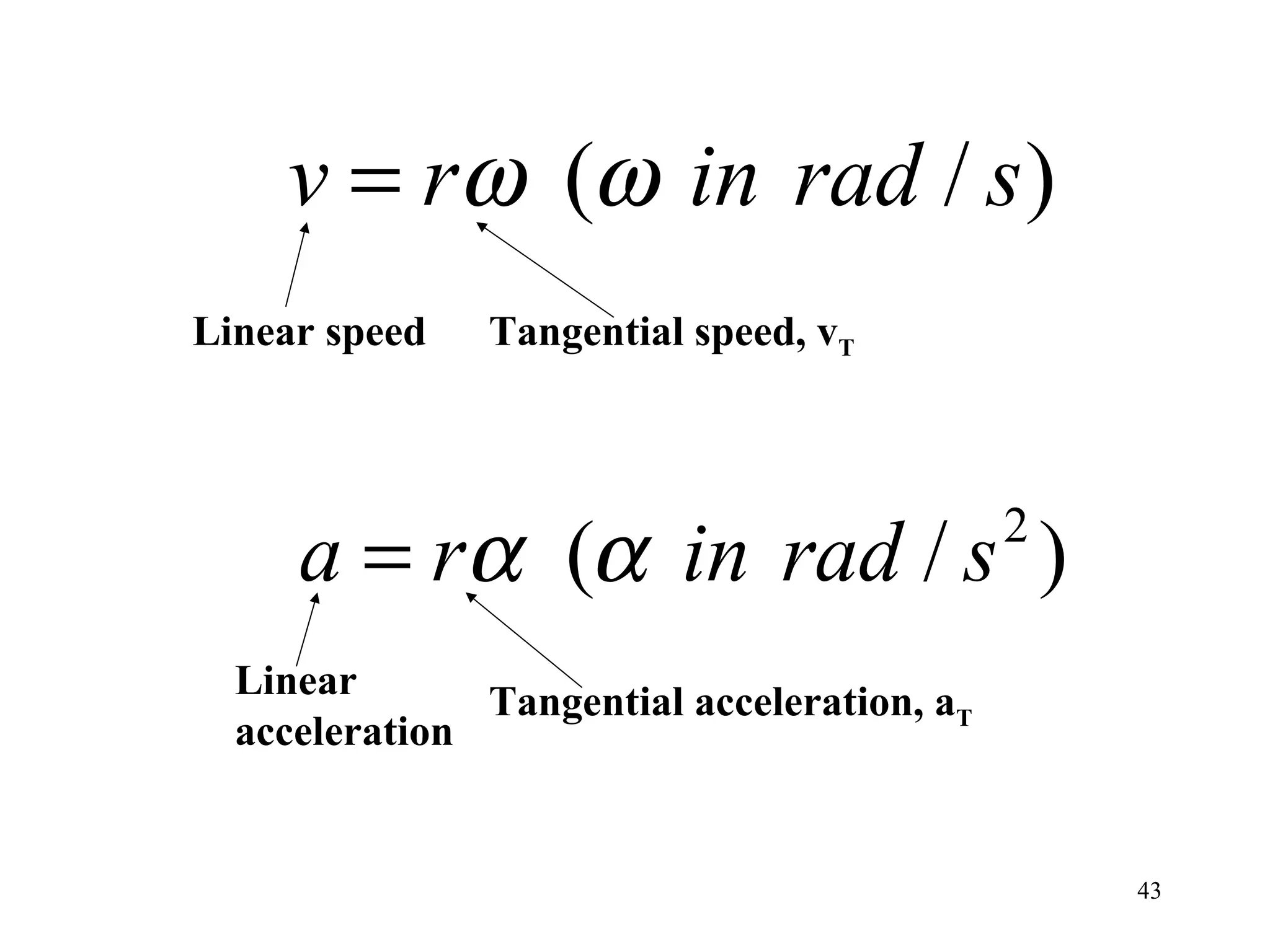 v = rω (ω in rad / s )
Linear speed   Tangential speed, vT




     a = rα (α in rad / s )                  2


  Linear       Tangential acceleration, aT
  acceleration


                                                 43
 