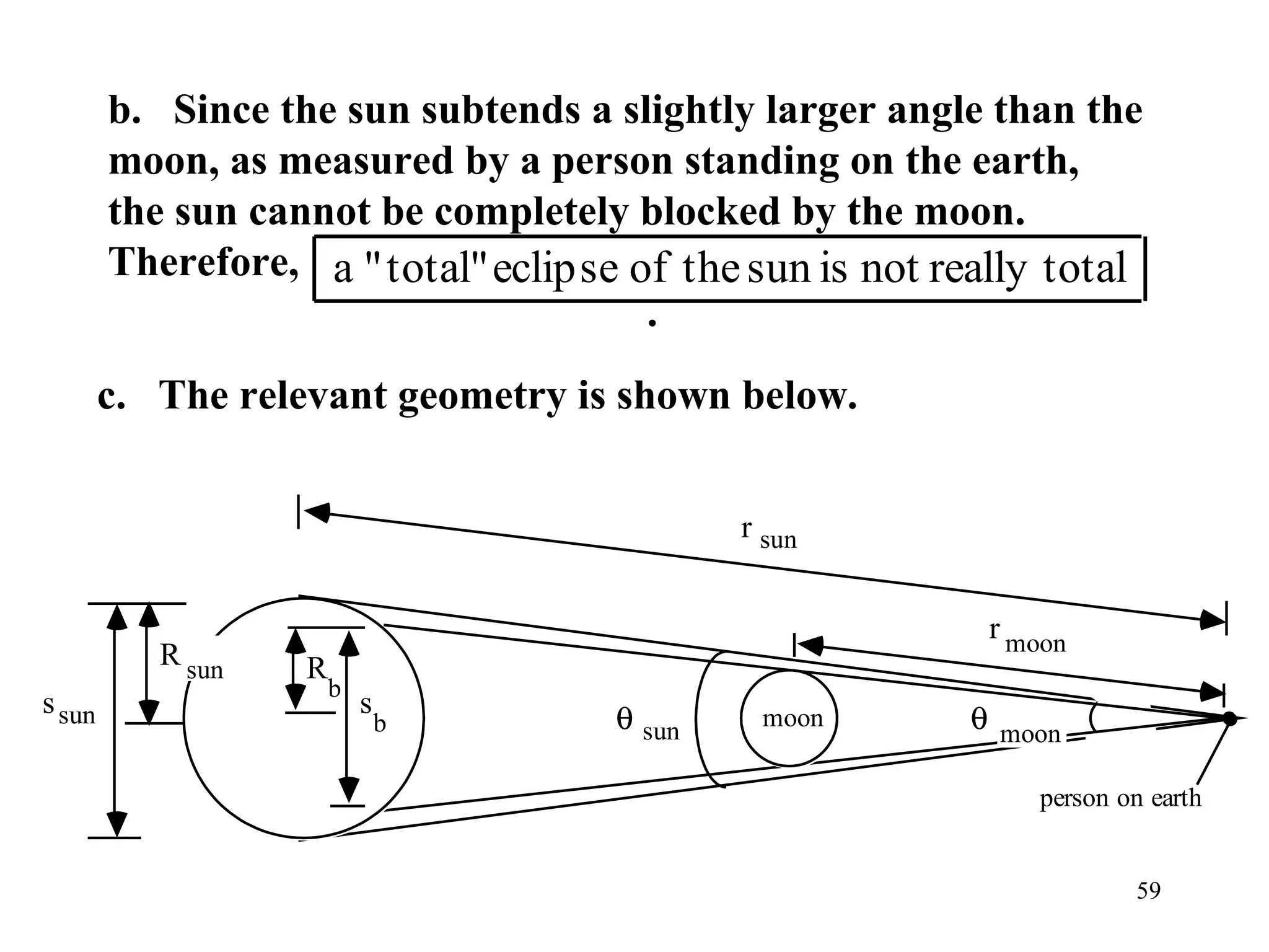 b. Since the sun subtends a slightly larger angle than the
        moon, as measured by a person standing on the earth,
        the sun cannot be completely blocked by the moon.
        Therefore, a "total"eclipse of the sun is not really total
                                      .
        c. The relevant geometry is shown below.


                                            r sun


                                                         r moon
           R sun   R
                       b
s sun                      s
                               b    θ sun    moon       θ moon

                                                            person on earth


                                                                    59
 