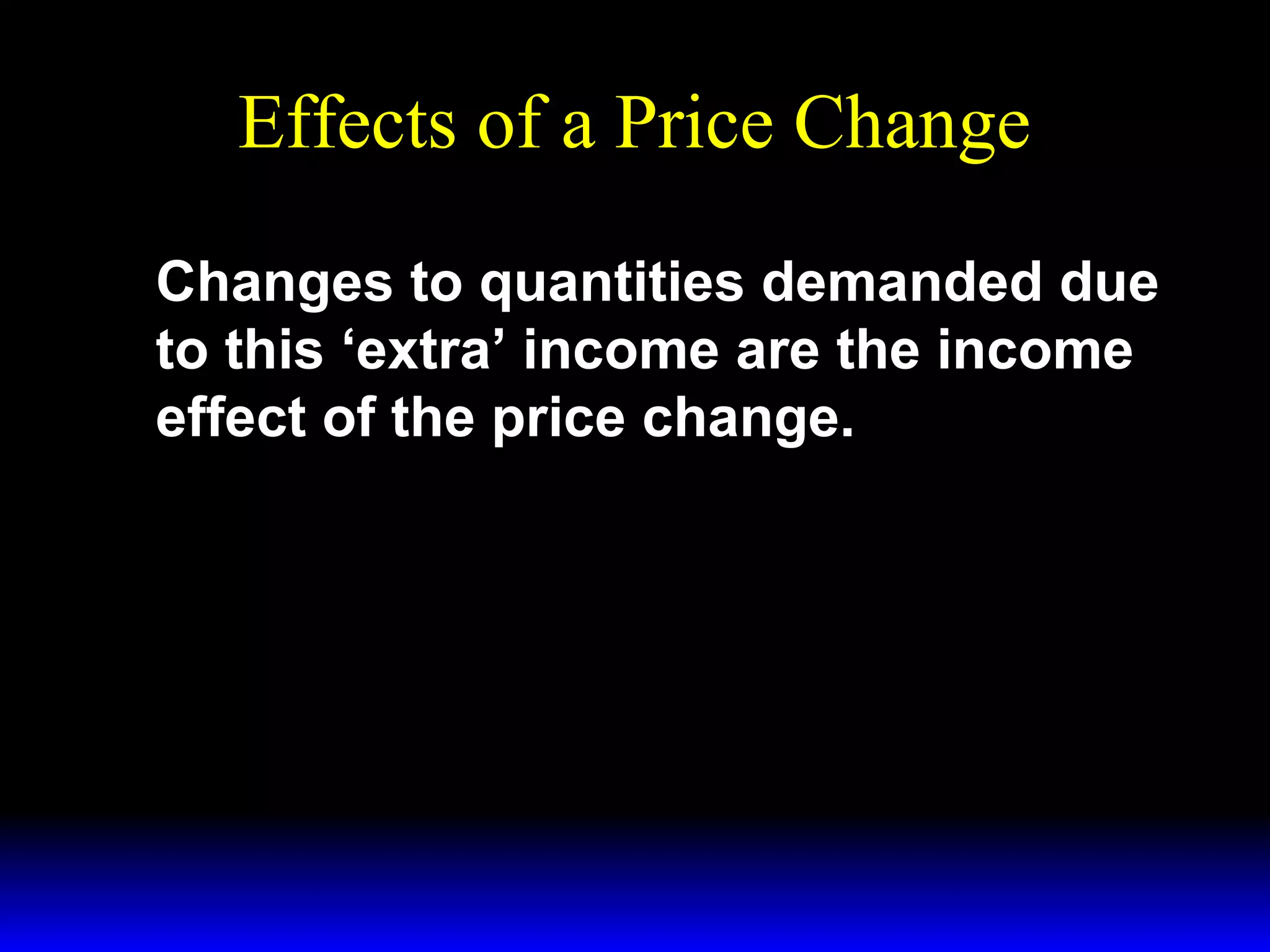 Effects of a Price Change
Changes to quantities demanded due
to this ‘extra’ income are the income
effect of the price change.

 
