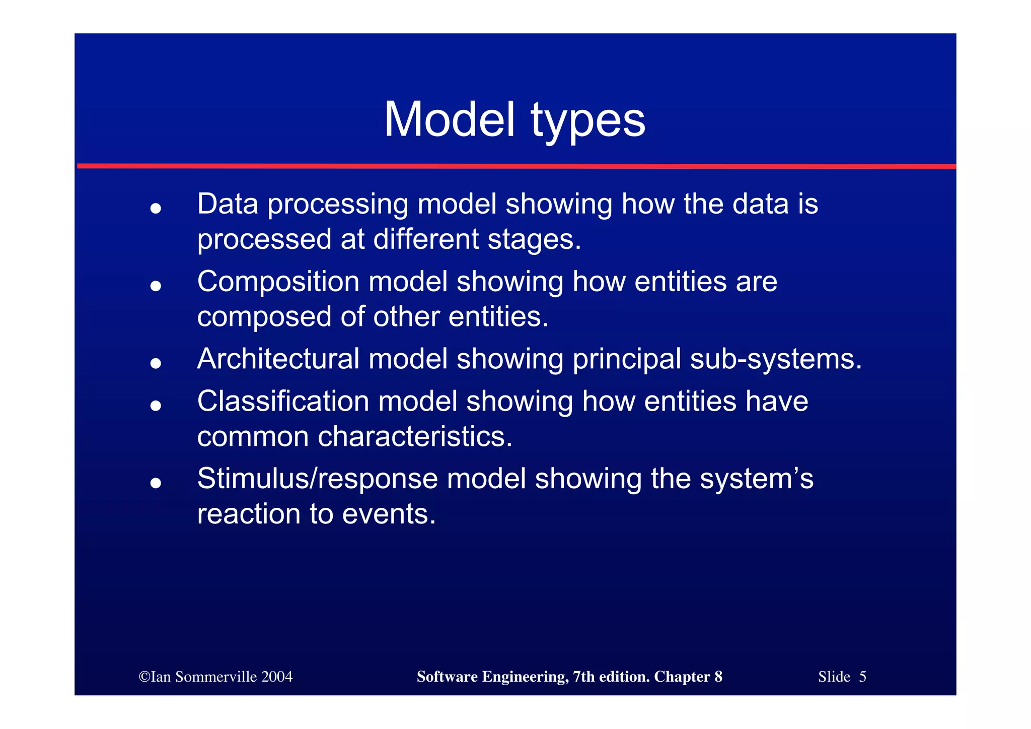 ©Ian Sommerville 2004 Software Engineering, 7th edition. Chapter 8 Slide 5
Model types
● Data processing model showing how the data is
processed at different stages.
● Composition model showing how entities are
composed of other entities.
● Architectural model showing principal sub-systems.
● Classification model showing how entities have
common characteristics.
● Stimulus/response model showing the system’s
reaction to events.
 