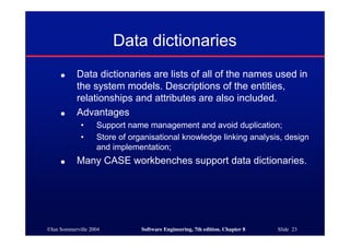 ©Ian Sommerville 2004 Software Engineering, 7th edition. Chapter 8 Slide 23
Data dictionaries
● Data dictionaries are lists of all of the names used in
the system models. Descriptions of the entities,
relationships and attributes are also included.
● Advantages
• Support name management and avoid duplication;
• Store of organisational knowledge linking analysis, design
and implementation;
● Many CASE workbenches support data dictionaries.
 