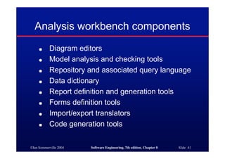 ©Ian Sommerville 2004 Software Engineering, 7th edition. Chapter 8 Slide 41
Analysis workbench components
● Diagram editors
● Model analysis and checking tools
● Repository and associated query language
● Data dictionary
● Report definition and generation tools
● Forms definition tools
● Import/export translators
● Code generation tools
 