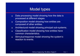 ©Ian Sommerville 2004 Software Engineering, 7th edition. Chapter 8 Slide 5
Model types
● Data processing model showing how the data is
processed at different stages.
● Composition model showing how entities are
composed of other entities.
● Architectural model showing principal sub-systems.
● Classification model showing how entities have
common characteristics.
● Stimulus/response model showing the system’s
reaction to events.
 