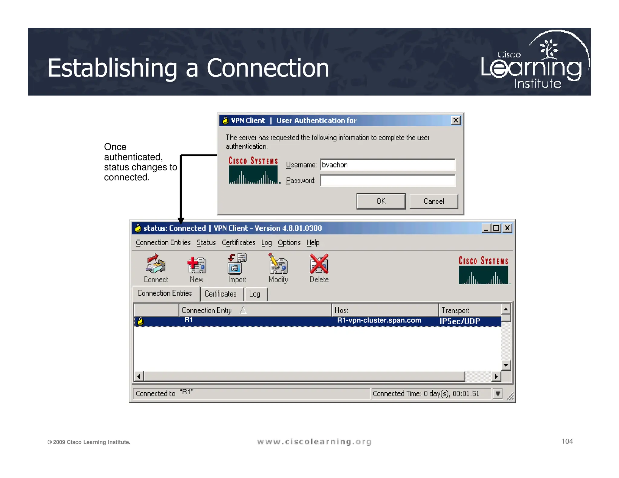 Establishing a Connection
R1-vpn-cluster.span.com
Once
authenticated,
status changes to
connected.
104
104
104
© 2009 Cisco Learning Institute.
R1 R1-vpn-cluster.span.com
“R1”
 