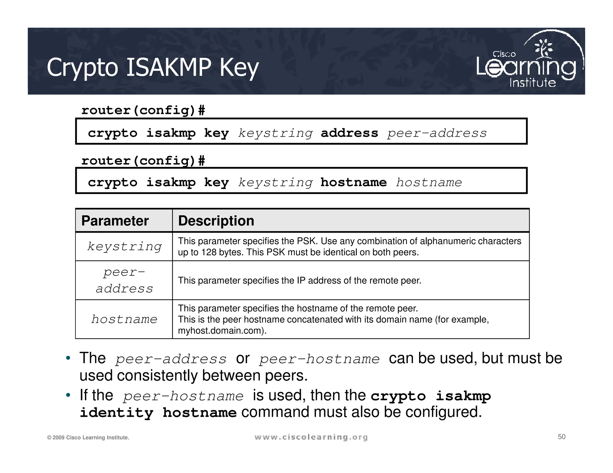 Crypto ISAKMP Key
crypto isakmp key keystring address peer-address
router(config)#
crypto isakmp key keystring hostname hostname
router(config)#
Parameter Description
This parameter specifies the PSK. Use any combination of alphanumeric characters
50
50
50
© 2009 Cisco Learning Institute.
• The peer-address or peer-hostname can be used, but must be
used consistently between peers.
• If the peer-hostname is used, then the crypto isakmp
identity hostname command must also be configured.
keystring This parameter specifies the PSK. Use any combination of alphanumeric characters
up to 128 bytes. This PSK must be identical on both peers.
peer-
address
This parameter specifies the IP address of the remote peer.
hostname
This parameter specifies the hostname of the remote peer.
This is the peer hostname concatenated with its domain name (for example,
myhost.domain.com).
 