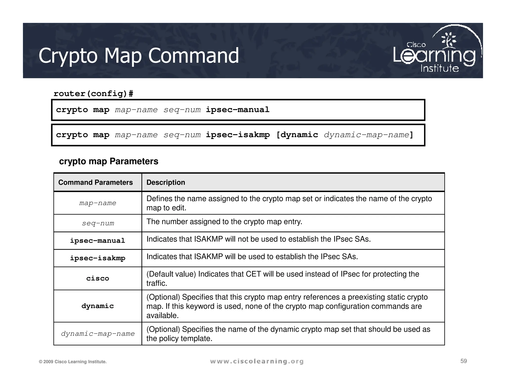 crypto map map-name seq-num ipsec-manual
crypto map map-name seq-num ipsec-isakmp [dynamic dynamic-map-name]
router(config)#
crypto map Parameters
Command Parameters Description
Defines the name assigned to the crypto map set or indicates the name of the crypto
Crypto Map Command
59
59
59
© 2009 Cisco Learning Institute.
map-name
Defines the name assigned to the crypto map set or indicates the name of the crypto
map to edit.
seq-num The number assigned to the crypto map entry.
ipsec-manual Indicates that ISAKMP will not be used to establish the IPsec SAs.
ipsec-isakmp Indicates that ISAKMP will be used to establish the IPsec SAs.
cisco
(Default value) Indicates that CET will be used instead of IPsec for protecting the
traffic.
dynamic
(Optional) Specifies that this crypto map entry references a preexisting static crypto
map. If this keyword is used, none of the crypto map configuration commands are
available.
dynamic-map-name
(Optional) Specifies the name of the dynamic crypto map set that should be used as
the policy template.
 
