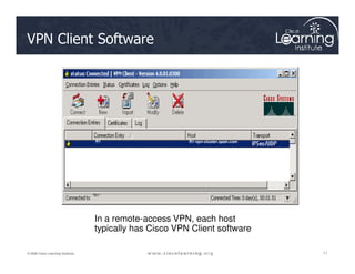 VPN Client Software
11
11
11
© 2009 Cisco Learning Institute.
R1 R1-vpn-cluster.span.com
“R1”
In a remote-access VPN, each host
typically has Cisco VPN Client software
 