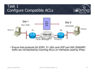 Task 1
Configure Compatible ACLs
AH
ESP
IKE
Site 1 Site 2
10.0.1.3
10.0.2.3
R1 R2
Internet
10.0.1.0/24
10.0.2.0/24
44
44
44
© 2009 Cisco Learning Institute.
• Ensure that protocols 50 (ESP), 51 (AH) and UDP port 500 (ISAKMP)
traffic are not blocked by incoming ACLs on interfaces used by IPsec.
S0/0/0
172.30.1.2
S0/0/0
172.30.2.2
 