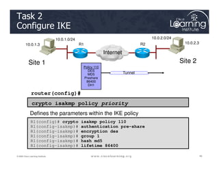 Tunnel
Policy 110
DES
MD5
Preshare
86400
DH1
Site 1 Site 2
10.0.1.3 10.0.2.3
R1 R2
Internet
10.0.1.0/24 10.0.2.0/24
Task 2
Configure IKE
46
46
46
© 2009 Cisco Learning Institute.
Defines the parameters within the IKE policy
crypto isakmp policy priority
router(config)#
R1(config)# crypto isakmp policy 110
R1(config–isakmp)# authentication pre-share
R1(config–isakmp)# encryption des
R1(config–isakmp)# group 1
R1(config–isakmp)# hash md5
R1(config–isakmp)# lifetime 86400
DH1
 