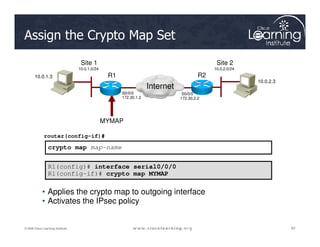MYMAP
Assign the Crypto Map Set
10.0.1.3
10.0.2.3
R1 R2
Internet
10.0.1.0/24
Site 1
10.0.2.0/24
Site 2
S0/0/0
172.30.1.2
S0/0/0
172.30.2.2
62
62
62
© 2009 Cisco Learning Institute.
• Applies the crypto map to outgoing interface
• Activates the IPsec policy
crypto map map-name
R1(config)# interface serial0/0/0
R1(config-if)# crypto map MYMAP
router(config-if)#
MYMAP
 