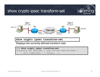 show crypto ipsec transform-set
show crypto ipsec transform-set
10.0.1.3
10.0.2.3
R1 R2
Internet
10.0.1.0/24
Site 1
10.0.2.0/24
Site 2
S0/0/0
172.30.1.2
S0/0/0
172.30.2.2
66
66
66
© 2009 Cisco Learning Institute.
show crypto ipsec transform-set
Displays the currently defined transform sets
R1# show crypto ipsec transform-set
Transform set AES_SHA: { esp-128-aes esp-sha-hmac }
will negotiate = { Tunnel, },
 