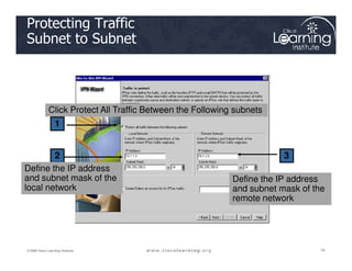 1
Protecting Traffic
Subnet to Subnet
Click Protect All Traffic Between the Following subnets
78
78
78
© 2009 Cisco Learning Institute.
2 3
Define the IP address
and subnet mask of the
local network
Define the IP address
and subnet mask of the
remote network
 