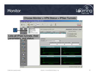 Lists all IPsec tunnels, their
parameters, and status.
1
Monitor
Choose Monitor  VPN Status  IPSec Tunnels
84
84
84
© 2009 Cisco Learning Institute.
parameters, and status.
 