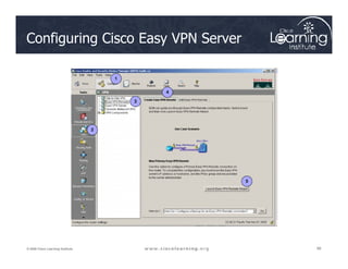 Configuring Cisco Easy VPN Server
1
2
3
4
98
98
98
© 2009 Cisco Learning Institute.
5
 