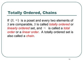11
(S, )
If is a poset and every two elements of
S are comparable, S is called totally ordered or
linearly ordered set, and is called a total
order or a linear order. A totally ordered set is
also called a chain.
Totally Ordered, Chains
 